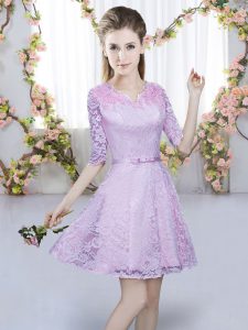 Flare A-line Court Dresses for Sweet 16 Lavender V-neck Lace Half Sleeves Mini Length Zipper