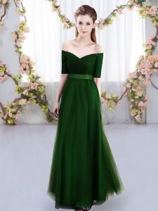 Sweet Green Lace Up Vestidos de Damas Ruching Short Sleeves Floor Length