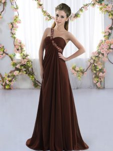 Flare Sleeveless Chiffon Brush Train Lace Up Quinceanera Dama Dress in Brown with Beading