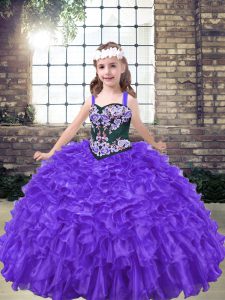 Organza Straps Sleeveless Lace Up Embroidery Little Girl Pageant Gowns in Purple