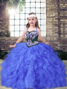 Straps Sleeveless Lace Up Kids Formal Wear Blue Tulle