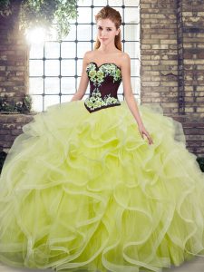 Best Selling Lace Up Sweet 16 Dresses Yellow Green for Military Ball and Sweet 16 and Quinceanera with Embroidery and Ruffles Sweep Train