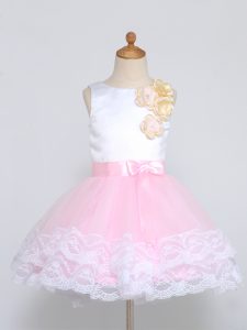 New Arrival Pink And White Scoop Zipper Lace and Appliques Toddler Flower Girl Dress Sleeveless