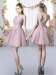 Dramatic Pink A-line Tulle V-neck Sleeveless Appliques Mini Length Lace Up Vestidos de Damas