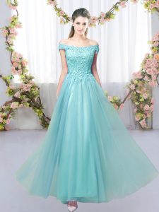 Off The Shoulder Sleeveless Lace Up Dama Dress for Quinceanera Aqua Blue Tulle