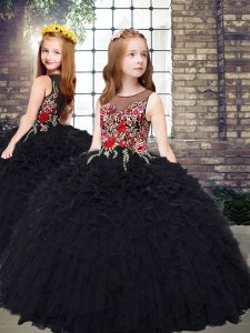 Black Ball Gowns Scoop Sleeveless Organza Floor Length Zipper Embroidery and Ruffles Kids Pageant Dress