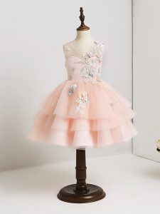 Affordable Pink Sleeveless Mini Length Appliques Zipper Flower Girl Dress