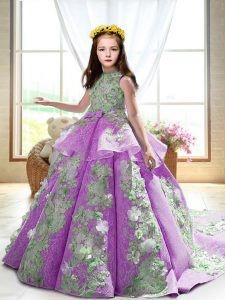 Glorious Lilac Backless Pageant Gowns For Girls Appliques Sleeveless Court Train