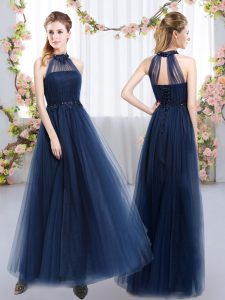 Floor Length Empire Sleeveless Navy Blue Dama Dress Lace Up