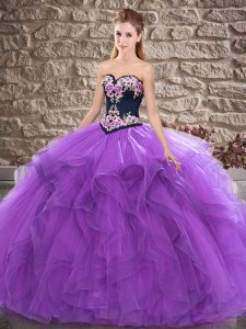 Purple Lace Up Sweetheart Beading and Embroidery Vestidos de Quinceanera Tulle Sleeveless