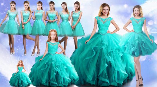 New Style Aqua Blue Scoop Neckline Beading Sweet 16 Quinceanera Dress Cap Sleeves Lace Up