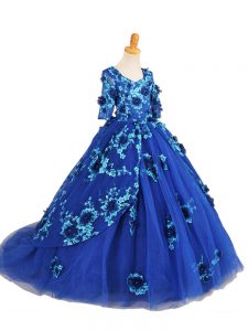 Blue Half Sleeves Tulle Brush Train Zipper Girls Pageant Dresses for Wedding Party