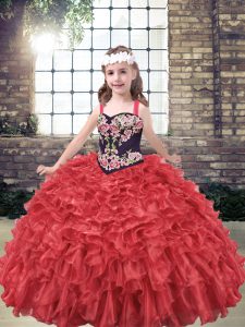 Simple Red Organza Lace Up Straps Sleeveless Floor Length Pageant Gowns For Girls Embroidery and Ruffles