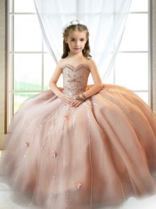 Classical Pink Sweetheart Neckline Beading and Appliques Little Girls Pageant Gowns Sleeveless Lace Up