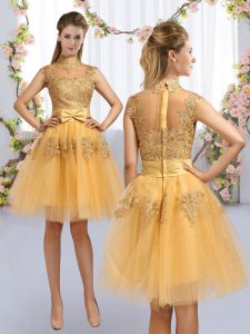 Amazing Gold Zipper High-neck Lace and Bowknot Damas Dress Tulle Cap Sleeves