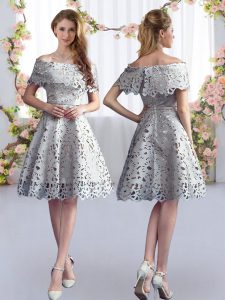Grey Quinceanera Dama Dress Prom and Party and Wedding Party with Lace Off The Shoulder Short Sleeves Zipper