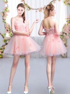 Beautiful Mini Length Lace Up Damas Dress Pink for Prom and Party and Wedding Party with Appliques