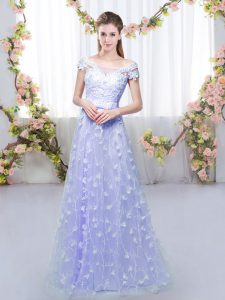 Sexy Tulle Off The Shoulder Cap Sleeves Lace Up Appliques Damas Dress in Lavender