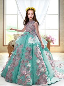 Turquoise Satin Backless Little Girls Pageant Gowns Sleeveless Court Train Appliques