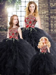On Sale Black Ball Gowns Scoop Sleeveless Floor Length Zipper Embroidery and Ruffles 15th Birthday Dress