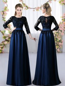 Scoop 3 4 Length Sleeve Quinceanera Dama Dress Floor Length Lace Navy Blue Satin