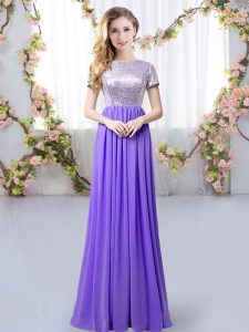 Lavender Court Dresses for Sweet 16 Prom and Party and Wedding Party with Sequins Scoop Short Sleeves Zipper
