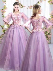 Comfortable Lavender A-line Tulle Scoop Half Sleeves Appliques Floor Length Zipper Quinceanera Court Dresses