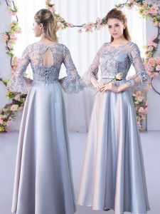 Fine Floor Length Silver Court Dresses for Sweet 16 Satin 3 4 Length Sleeve Lace