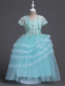 Clearance Aqua Blue Ball Gowns Appliques Toddler Flower Girl Dress Zipper Tulle Sleeveless Floor Length