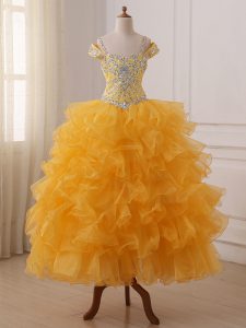 Sleeveless Floor Length Beading and Ruffled Layers Lace Up Little Girl Pageant Dress with Gold