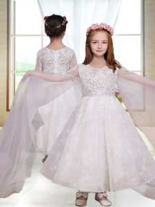Exceptional White A-line Lace Flower Girl Dress Zipper Long Sleeves Ankle Length