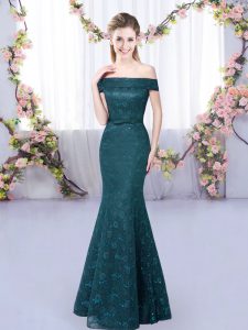 Glorious Peacock Green Lace Up Off The Shoulder Sleeveless Floor Length Dama Dress for Quinceanera Lace
