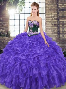 Suitable Purple Sleeveless Organza Sweep Train Lace Up Sweet 16 Dresses for Military Ball and Sweet 16 and Quinceanera