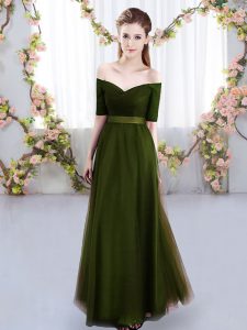 Latest Olive Green Court Dresses for Sweet 16 Prom and Party and Wedding Party with Ruching Off The Shoulder Short Sleeves Lace Up