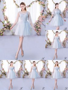 Adorable Scoop 3 4 Length Sleeve Lace Up Quinceanera Court Dresses Grey Tulle