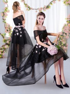 Pretty Black Off The Shoulder Appliques Court Dresses for Sweet 16 Short Sleeves