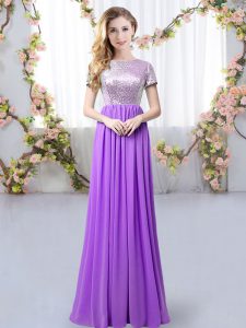 Purple Chiffon Zipper Damas Dress Short Sleeves Floor Length Sequins