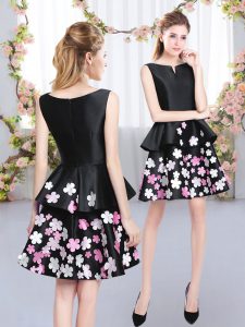 Perfect Black A-line Pattern Quinceanera Court of Honor Dress Zipper Satin Sleeveless Mini Length