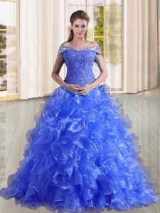 Decent Off The Shoulder Sleeveless Organza Quinceanera Gowns Beading and Lace and Ruffles Sweep Train Lace Up