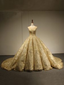 Suitable Gold Sleeveless Sequins Lace Up Quinceanera Dresses