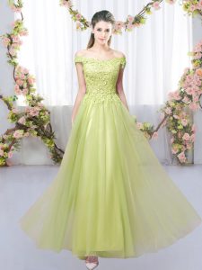 Custom Fit Yellow Green Empire Tulle Off The Shoulder Sleeveless Lace Floor Length Lace Up Quinceanera Dama Dress