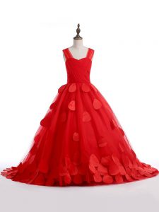 Red Tulle Lace Up Straps Sleeveless Kids Formal Wear Brush Train Appliques