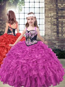 Fantastic Fuchsia Ball Gowns Straps Sleeveless Organza Floor Length Lace Up Embroidery and Ruffled Layers Girls Pageant Dresses