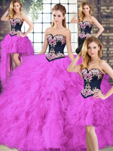Ideal Fuchsia Sleeveless Beading and Embroidery Floor Length Quince Ball Gowns