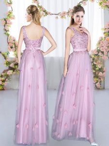 Fantastic Sleeveless Floor Length Beading and Appliques Lace Up Dama Dress for Quinceanera with Lavender