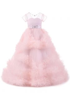 Custom Fit Floor Length Backless Little Girl Pageant Dress Baby Pink for Wedding Party with Beading and Ruffles