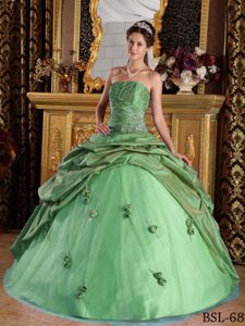 High-class Floor-length Strapless Beaded Green Sweet 15 Dresses