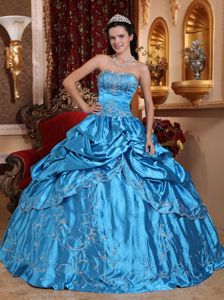 Ball Gown Pick-ups Embroidery Beaded Blue Quinceanera Dress