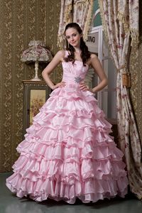 Baby Pink A-line One Shoulder Ruffled Layers Beading Quince Dresses