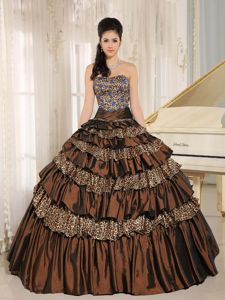 Chocolate Multi-tiered Strapless Dress for Sweet 15 with Leopard